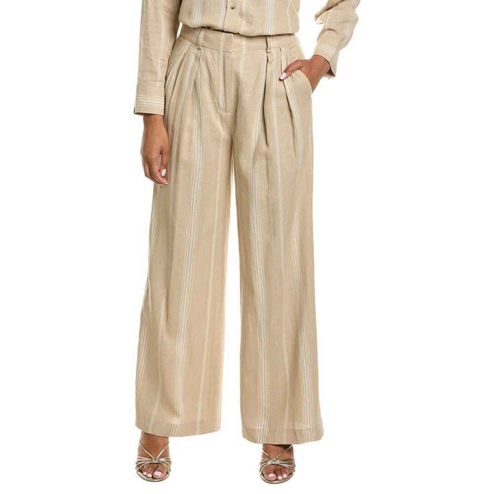 Kenneth Cole Womens  High-Rise Pleated Linen-Blend Wide Leg Pant, Brown